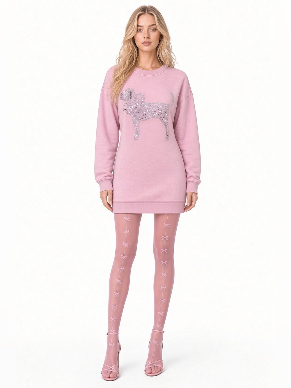 PINK x LoveShackFancy Soft Pink Rhinestone Dog Crewneck Sweatshirt XS